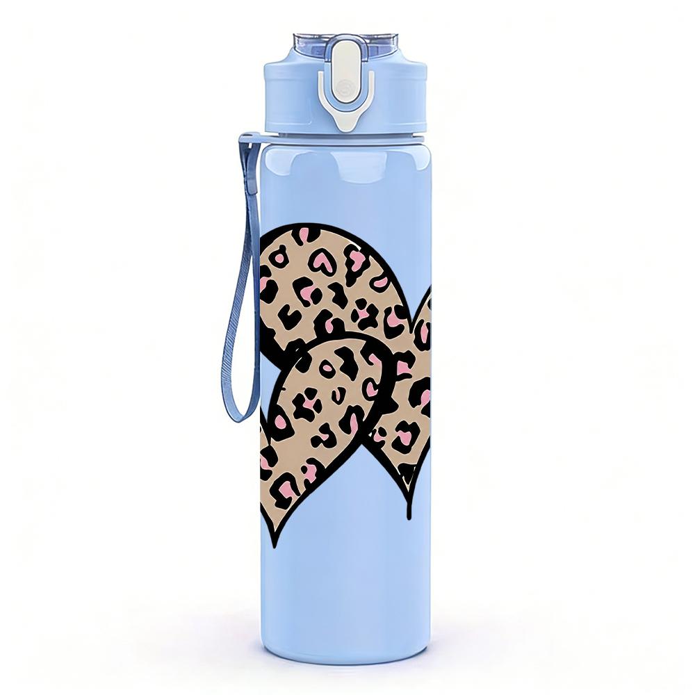 1PC Double Leopard Print Heart 750ml Color Plastic Sports Water Bottle Leakproof Flip Straw Lid Suitable for Sports Office Home Use