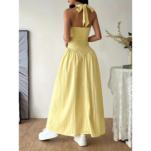 Women Yellow Halter Neck Maxi Dress Sleeveless V-Neck Backless A-Line Long Dress Casual Summer Elegant Beach Party Dresses