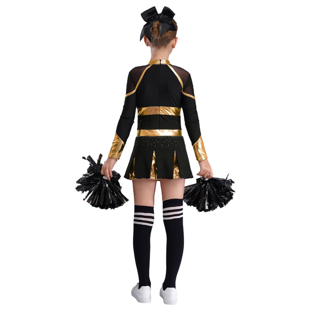 Girls Cheerleading Outfit Rhinestone Letter Design Metallic Color Patchwork Long Sleeve Pleated Dress Set