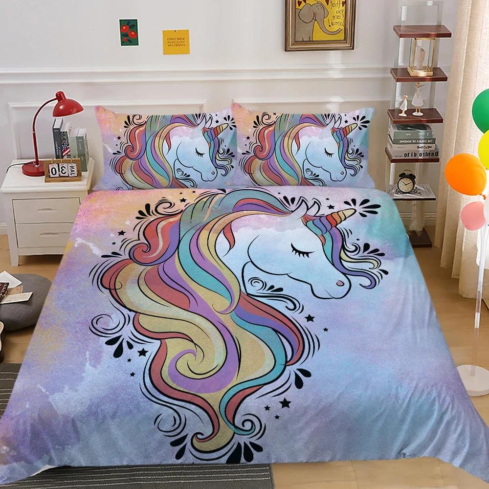 Jednorožec King Queen Povlak na přikrývku Kreslené zvíře Rainbow Universe Sada povlečení pro děti Teen Cosmic Starry Sky Polyester Povlak na přikrývku