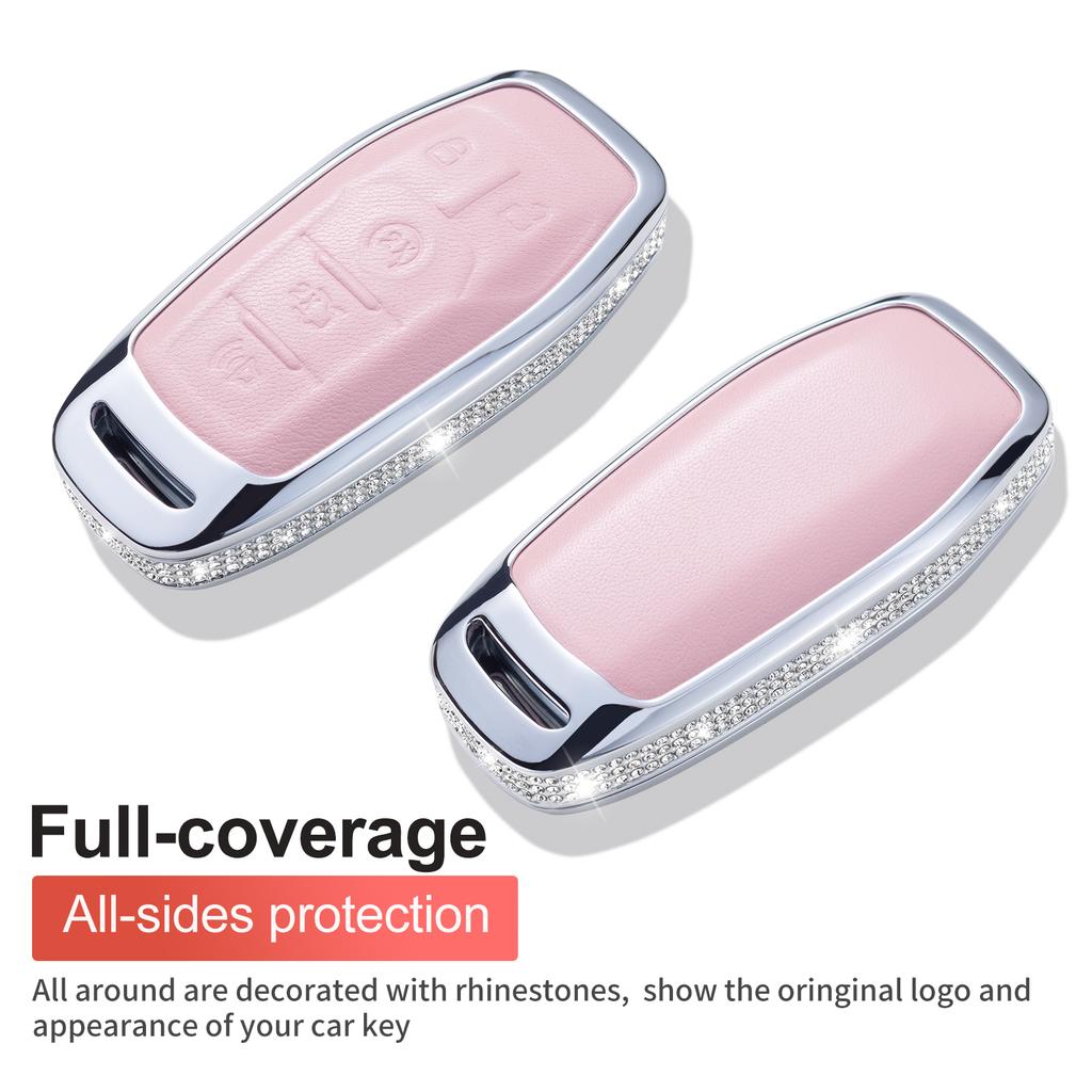 Compatible with Ford Key Fob Cover with Keychain, Pink Genuine Leather Crystal Key Case Protection Shell for Ford Fusion Mustang