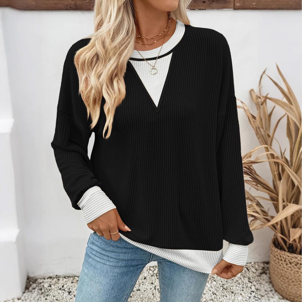 Women's Casual Loose Colorblock Round Neck Long Sleeve Twisted Stripe Sweatshirt