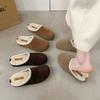 Winter New Thick Bottom Baotou Warm Women's Slippers Round Toe Lace Thickened Plush Cotton Shoes Brown Korean Version Slippers