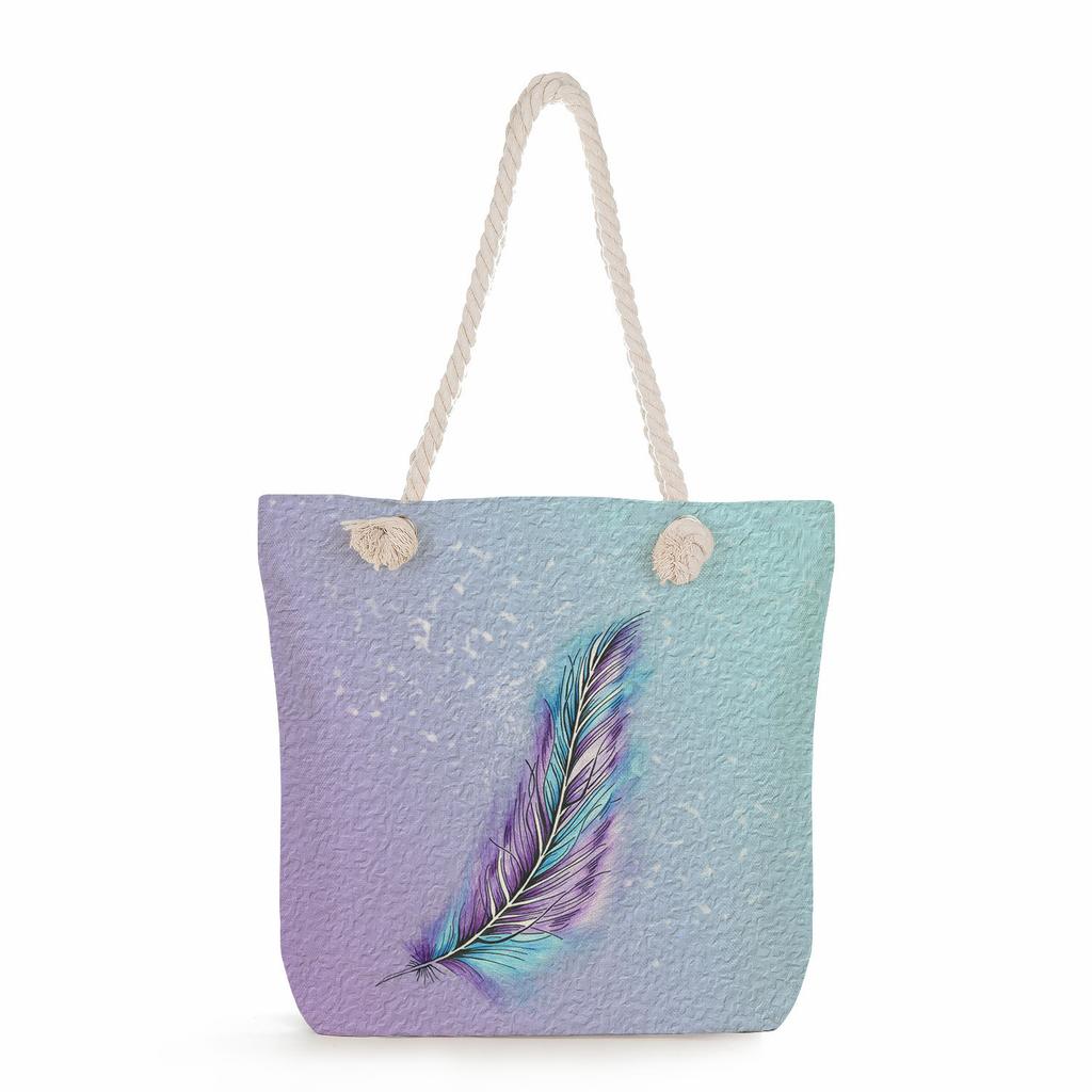 Feather print thick rope single-shoulder beach bag 7221