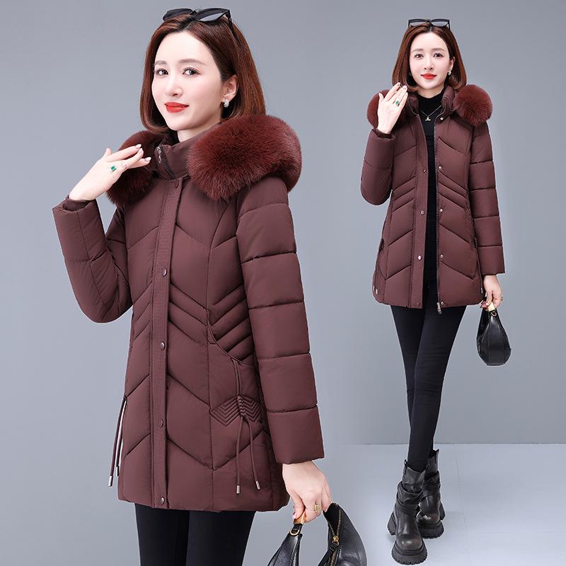 Women's Mid-Length Slimming Down Cotton Jacket with Large Fur Collar - Winter Padded Coat for Mothers & Elderly.