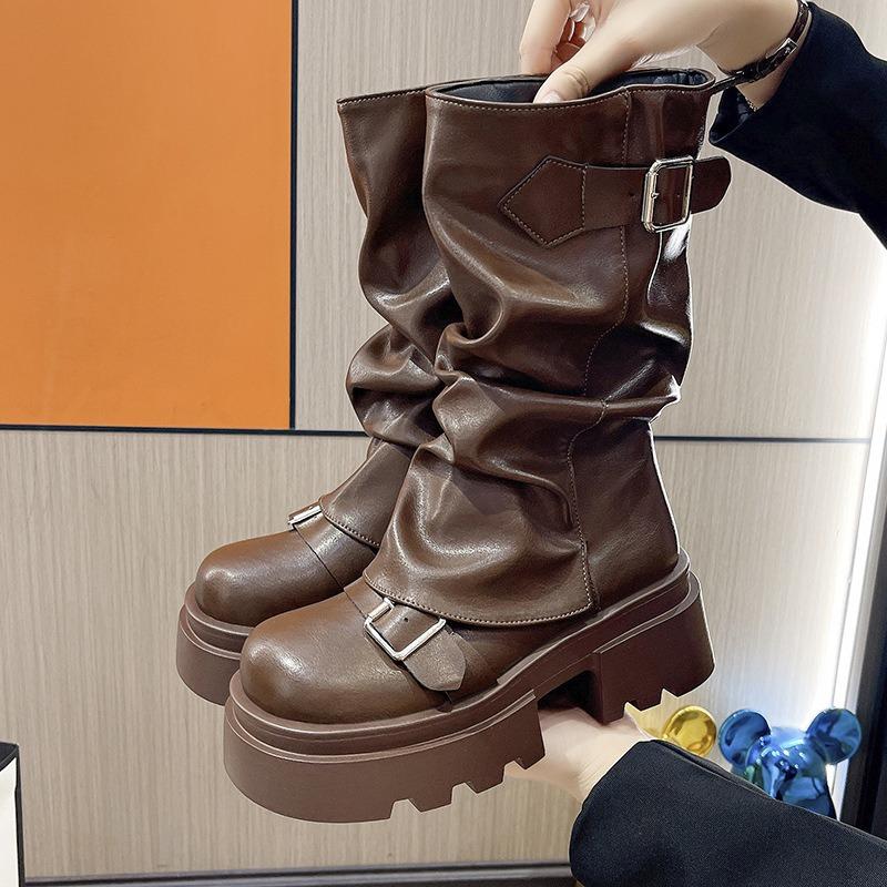 

Pleated retro round-headed muffin medium boots women s autumn and winter belt buckle stacked boots thick-soled thick-heeled Martin boots 40 коричневий