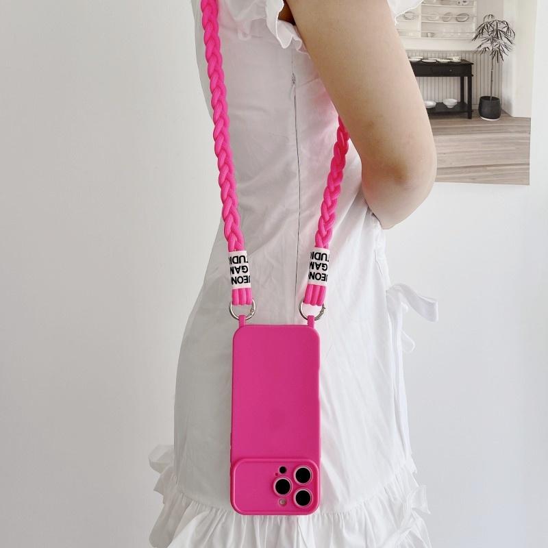 Candy Cute Lanyard Case For iPhone 16 Pro Max 12 11 13 15 14 Pro Shockproof Solid Braid Crossbody Neck Cord Strap Soft Cover