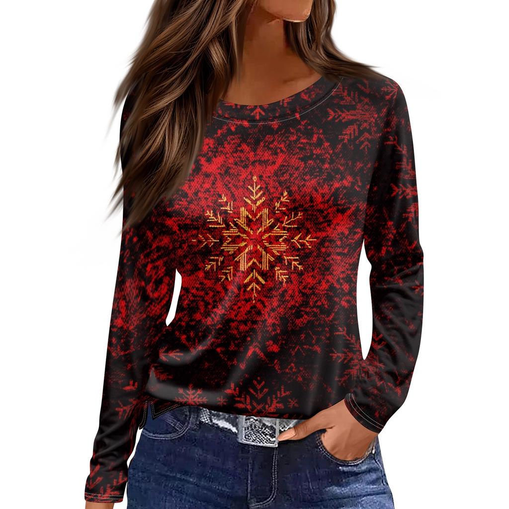 Women's Fashion Casual Slit Hem Round Neck Long Sleeve Loose Printed T-Shirt Ladies Top Christmas