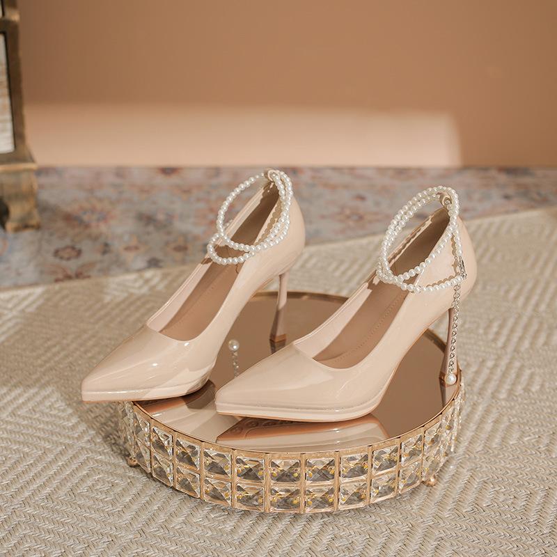 Patent Leather Waterproof Table High Heels Fairy Fairy Temperament Pearl Word with Light Mouth Thin Heel Not Tired Feet Single Shoes