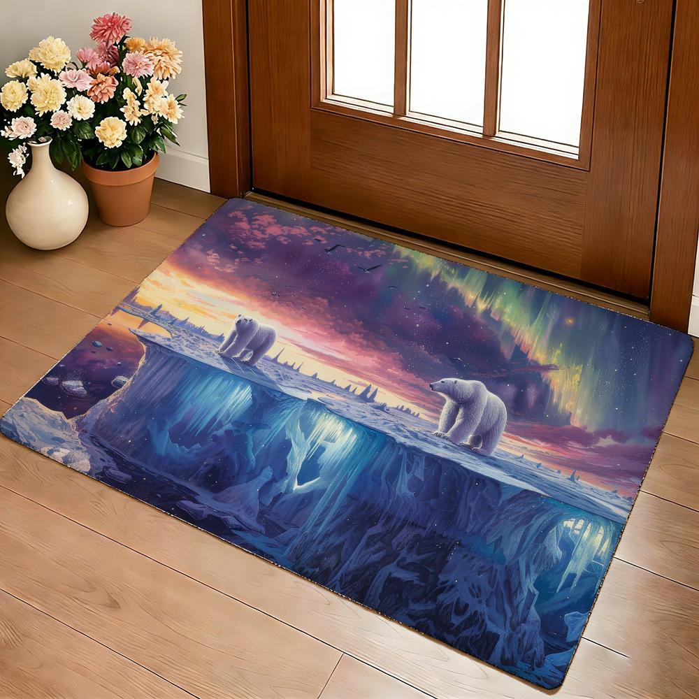 

Polar Bear With Northern Lights Floor Mat Cozy Flannel Soft Thick Non-Slip Mat For Living Room Bedroom Kitchen Decor Rugs 40x60cm