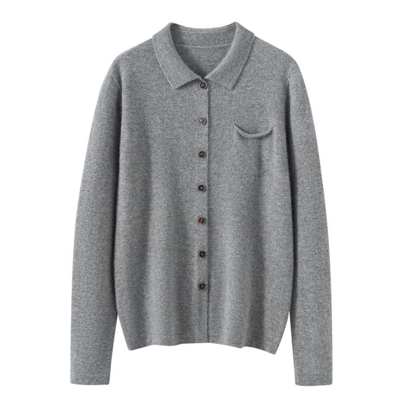 2026 Autumn/Winter Women's Cashmere Polo Collar Cardigan - Solid Color, Loose Fit, Versatile, Single-Breasted Jacket