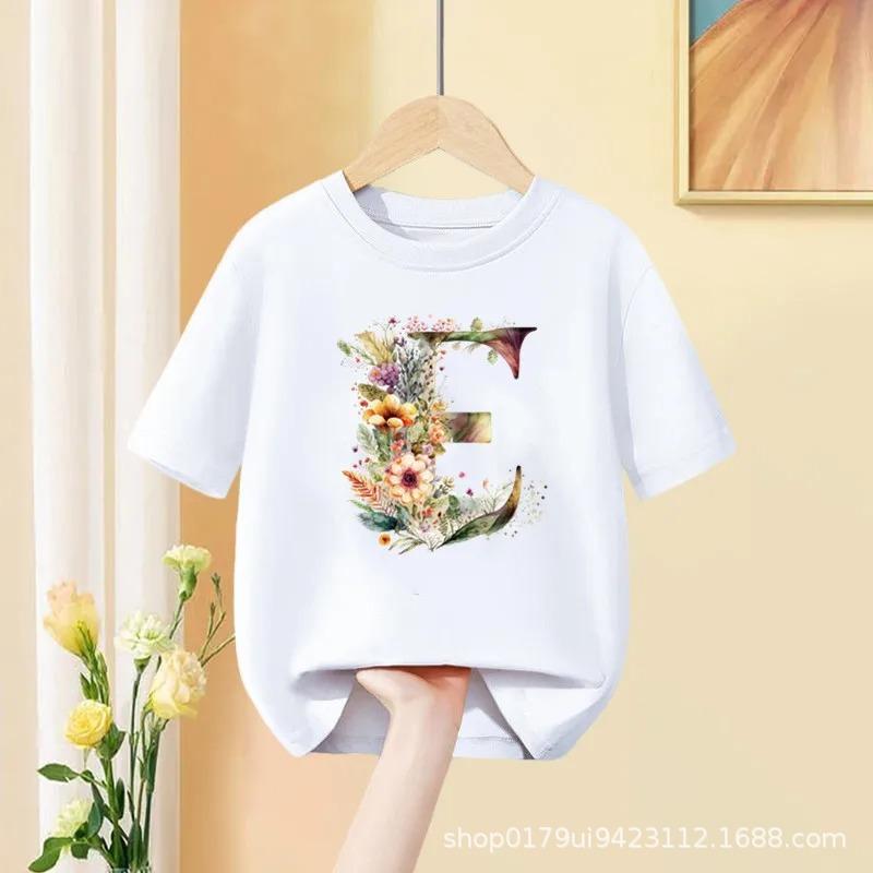 Floral AZ Kids Tshirt 26 Letters Cute ABCD Cartoon Short Sleeve Tee for Girls Summer Fashion Polyester Fabric