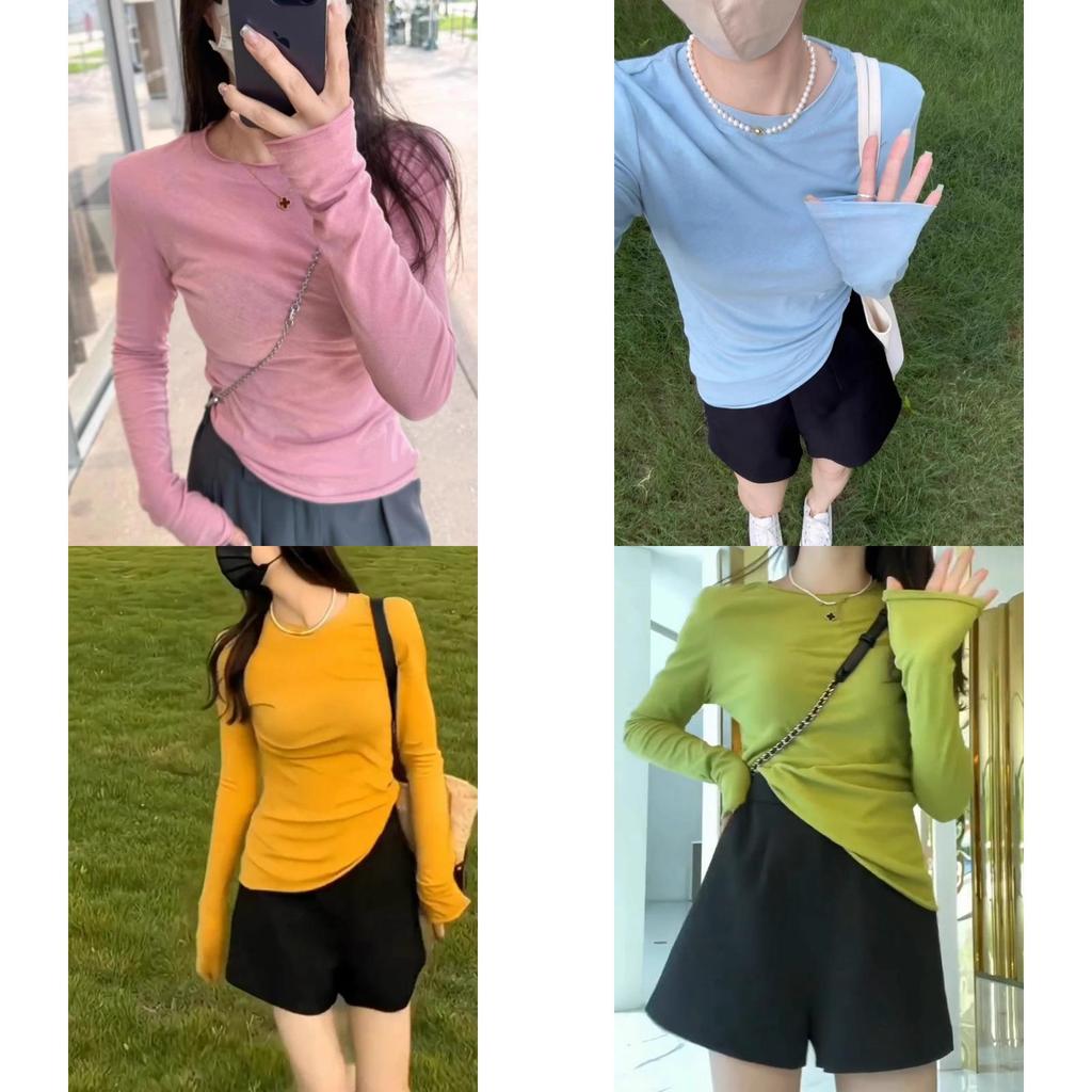 Womens Pure Color Long Sleeve T Shirt With Round Neck For Autumn Casual Wear