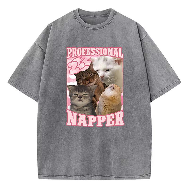 Aesthetics Kawaii Cat T Shirt Vintage Washed Cotton T-Shirt Graphic Tee Casual Streetwear Spring Summer Clothes