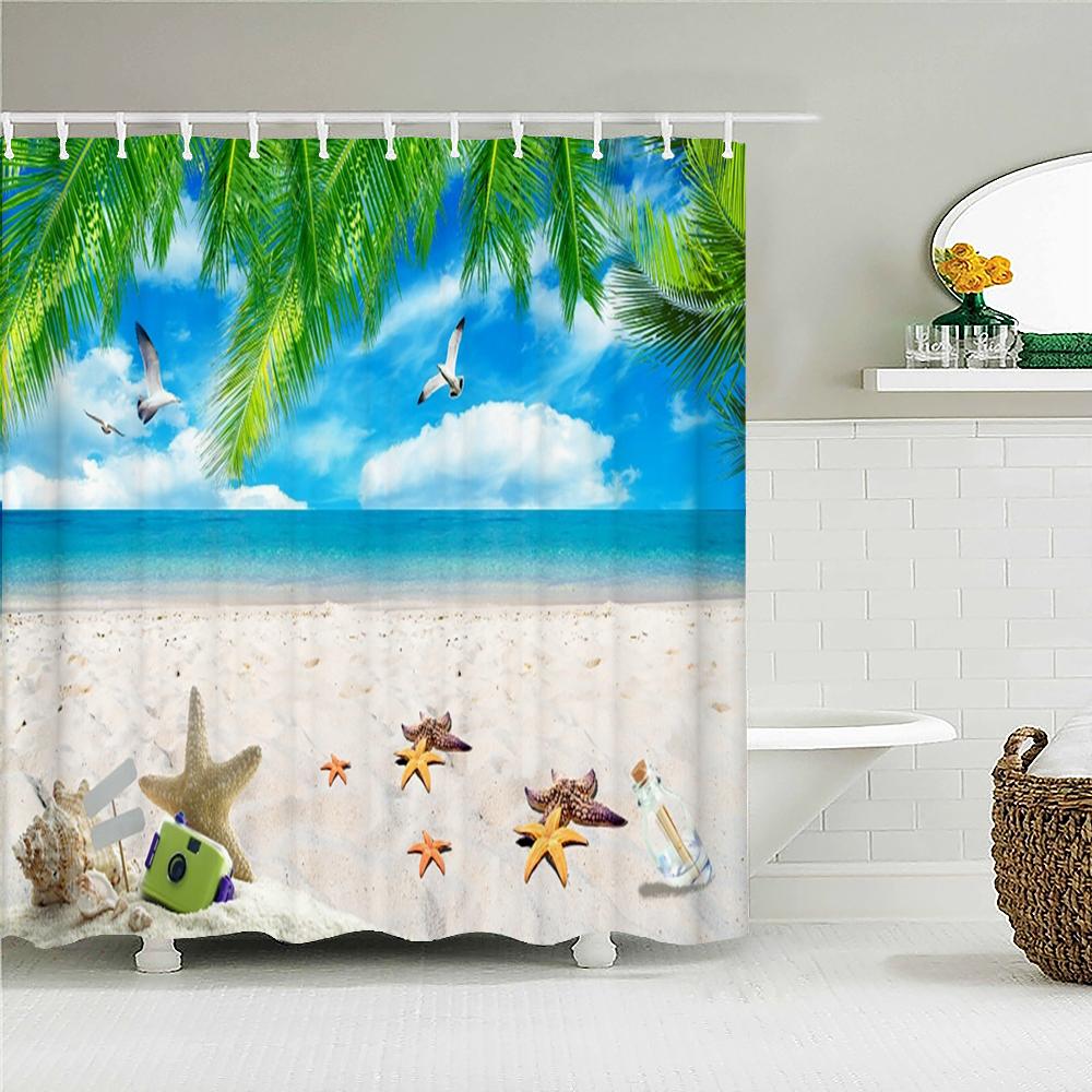 Ocean Sunrise Shower Curtain Summer Beach Tropical Palm Tree Hawaiian Sunset Coastal Scenery Sea Wave Bath Curtain With Hooks