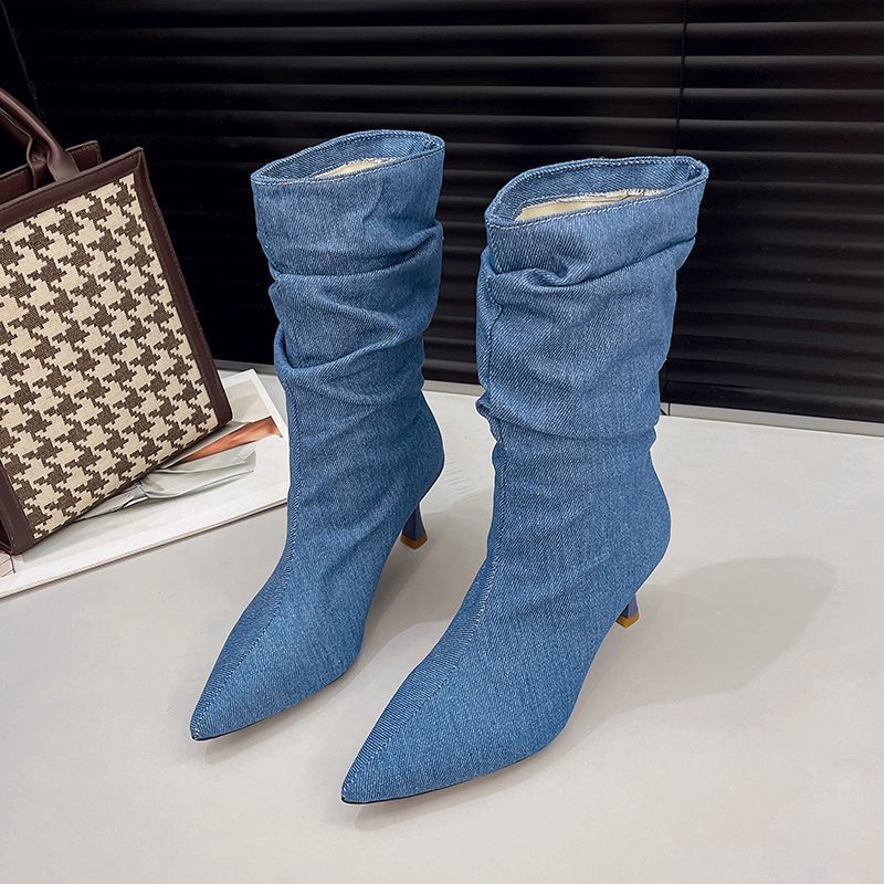 Versatile Comfortable Pleated Pile Boots Women's 2025 Autumn and Winter New Fashion Pointed Thin Heel Medium Tube Women's Martin Boots