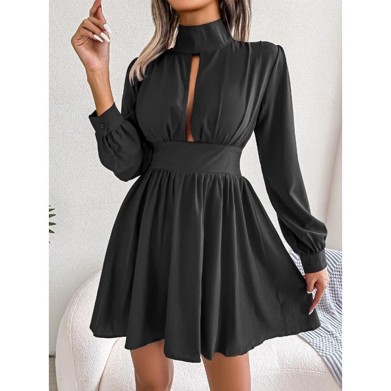 Spring and Summer Sexy Hollow Out A-line Party Short Dress Slim Waist Casual Turtleneck Long Sleeve Evening Dress Streetwear Solid Color Clothing