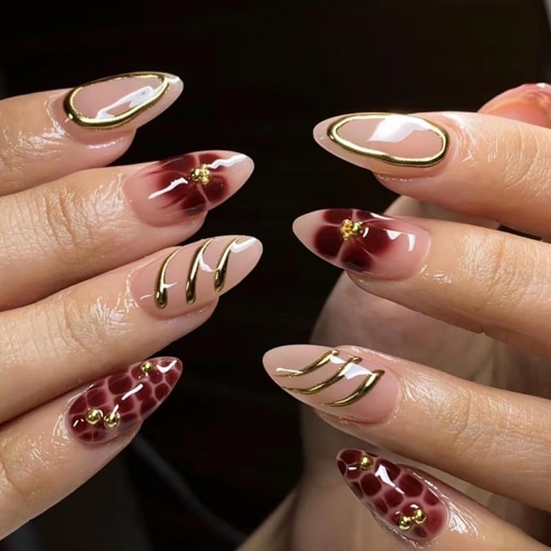 Press on Nails Almond Medium Fake Nails with Flower leopard Print Designs Artificial Acrylic Short Nails Press Ons Glazed Glue on Nails Holiday Stick style4