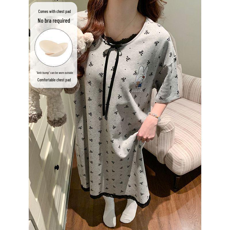2026 Women's Grey Cartoon Summer Nightgown with Built-in Bra, Round Neck, Short Sleeve, Anti-Nipple, Thin Style for Outerwear and Home Wear.