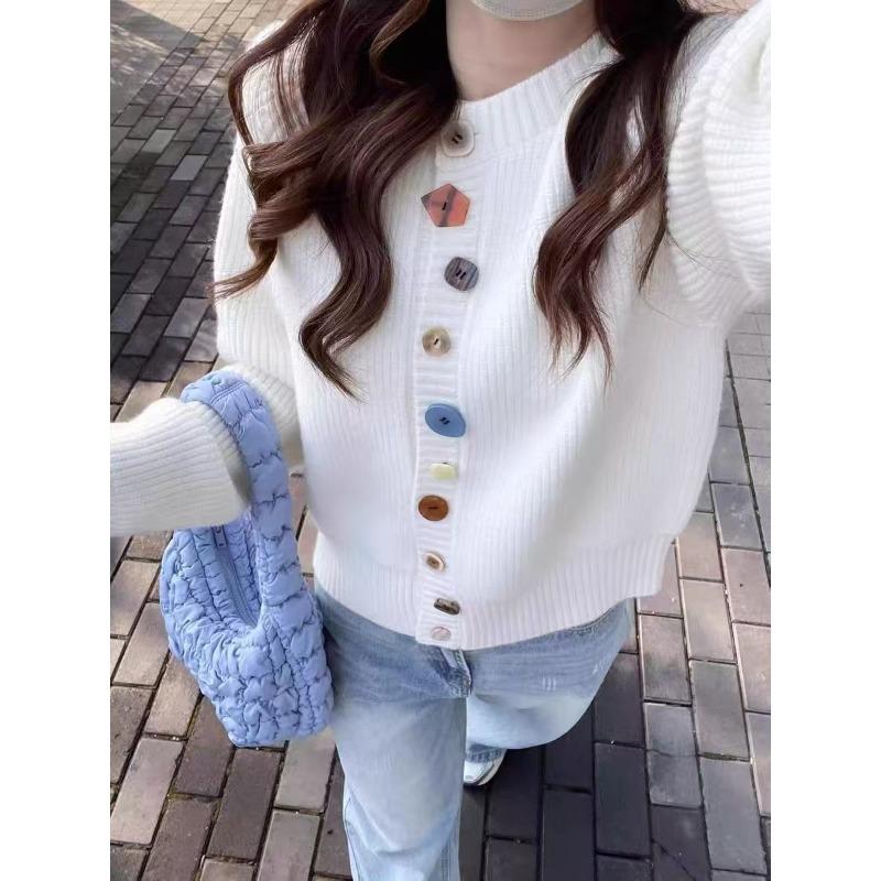 

Осень и зима нишевый дизайн цветная пряжка свободный вязаный кардиган женский осенний новый ленивый ветер свитер женское пальто белый