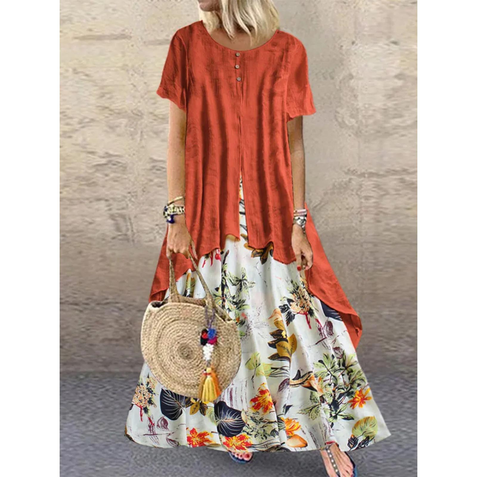 Women Boho Cotton Linen Dress Vintage Elegant Vestido Floral Baggy Short Sleeve Tunic Dress Summer Loose Sundress 5XL M красный