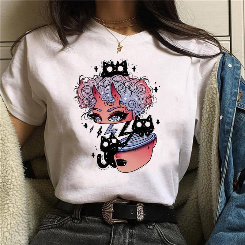 Women Anime Print T-Shirt Grunge Loose Steampunk Tees Gothic Female Harajuku Summer Clothing E-Girl Kawaii Aesthetic Top