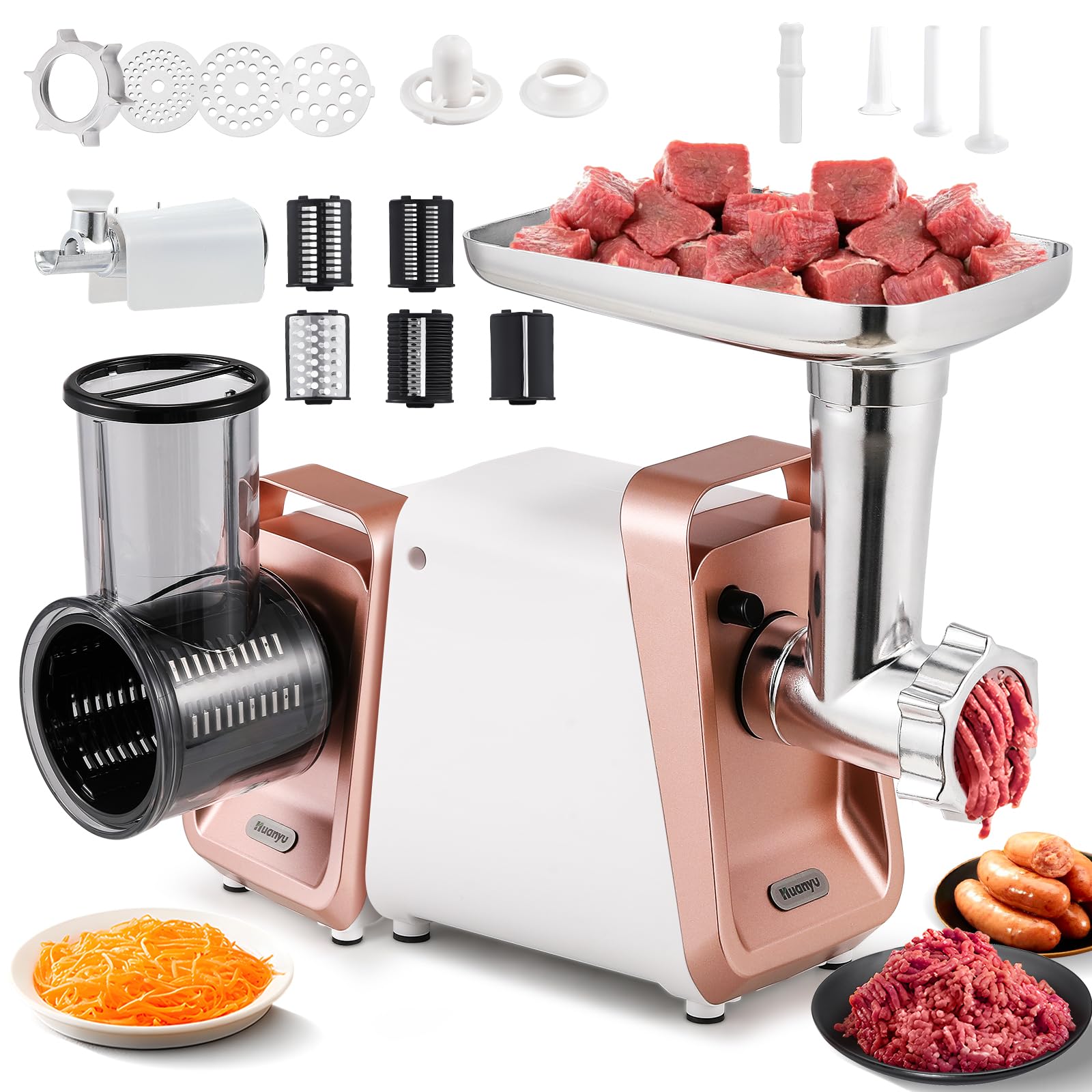 

Мясорубка Huanyu 350 Вт с 3 овощами, мясным фаршем, колбасой, мисо, кишками, для домашнего коммерческого использования, легко моется, измельчает, нарезает ломтиками, белый