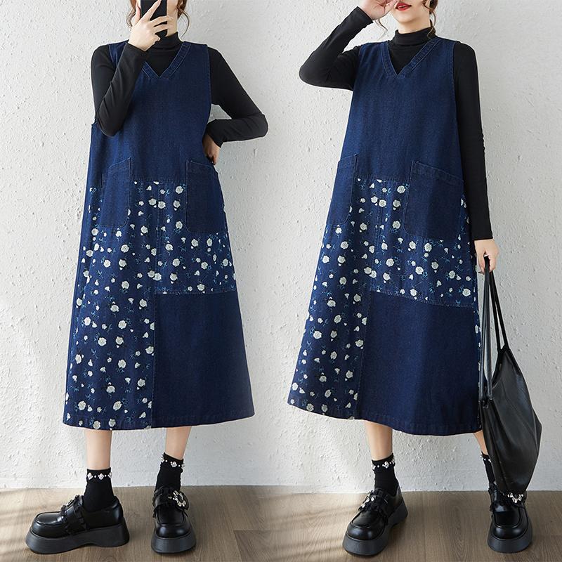 

DIMANAF Женское джинсовое платье большого размера с цветочным принтом, без рукавов, хлопковое, винтажное, свободное, повседневное, макси-длины XL синий