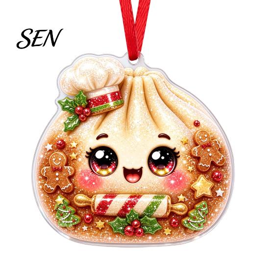 Colorful Cartoon Pattern Decor 2D Acrylic Christmas Ornament, Cute Luck Bag Bun Hanging Decor, Seasonal Decorative Crafts Tree Pendant for Holiday