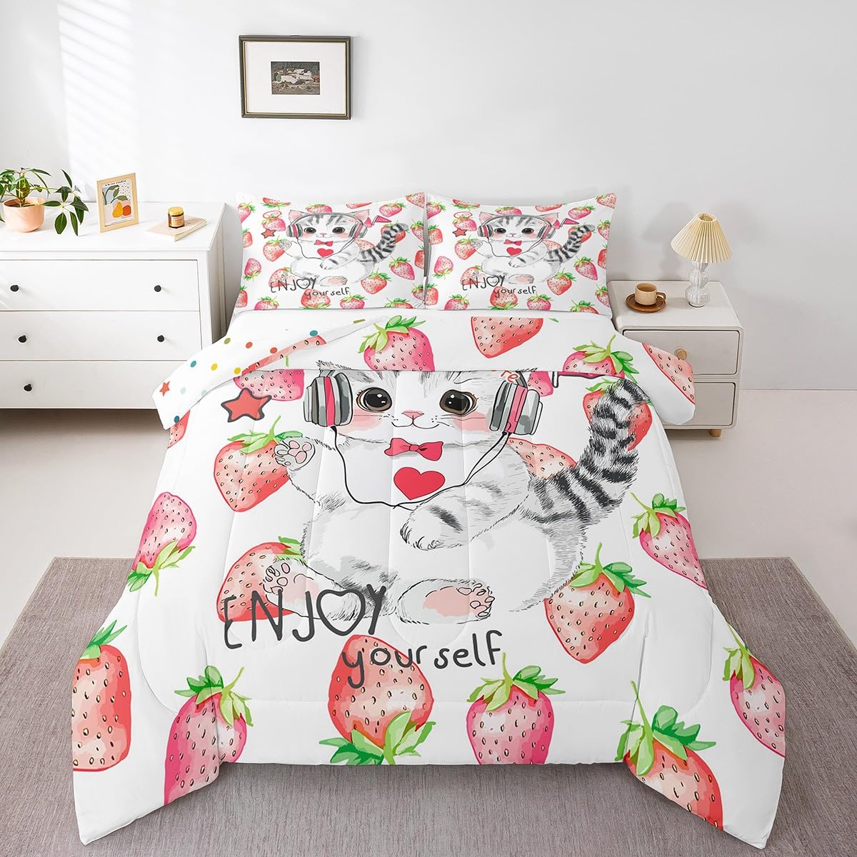 

Erosebridal Girls Pink Cat Bedding Twin Cute Animal Comforter Set for Boys Kawaii Kitten Bedding Sets & Collections Cartoon Pet Down Comfort 155x200cm