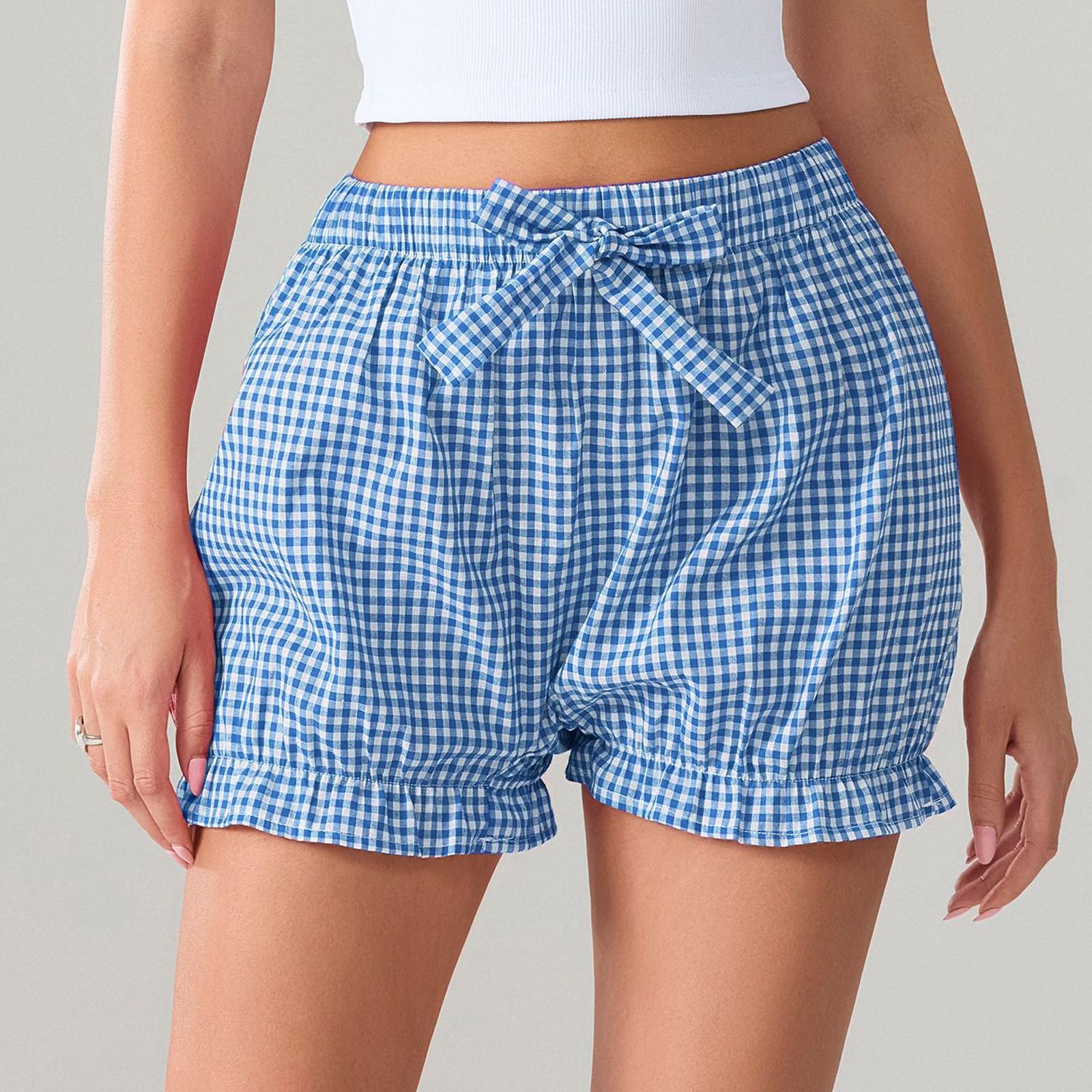 

Женские свободные повседневные шорты с высокой талией и бантом, эластичные клетчатые шорты, повседневные шорты S синий