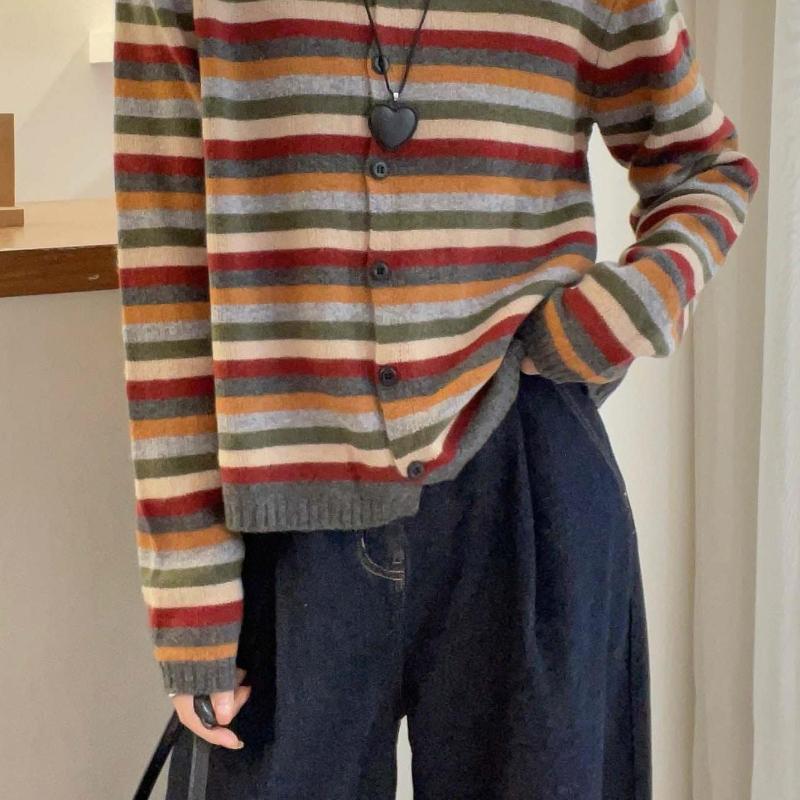 Striped Top Women Slimming Sweater Spring Autumn Loose Round Neck Pullover Knit Fashion Versatile