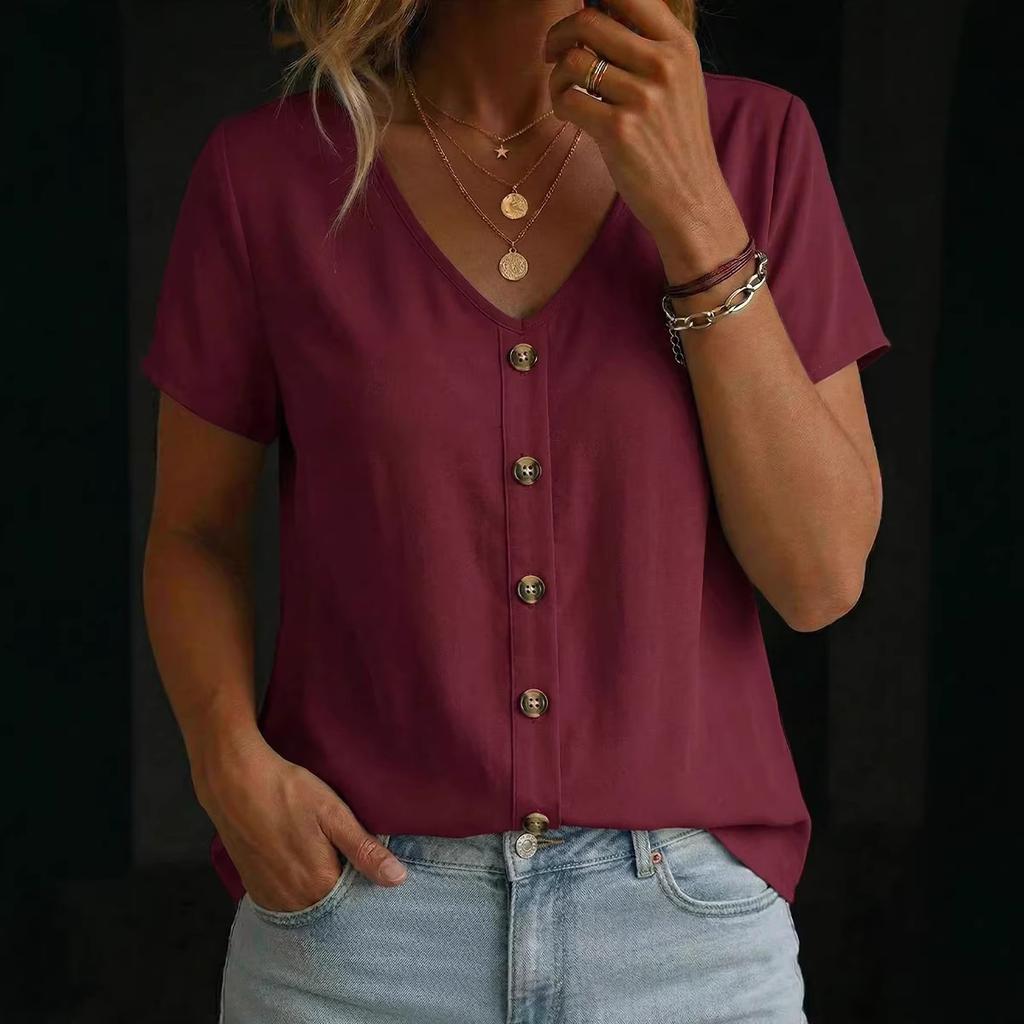 New European and American V-neck pullover short-sleeved loose women's shirt casual women's top