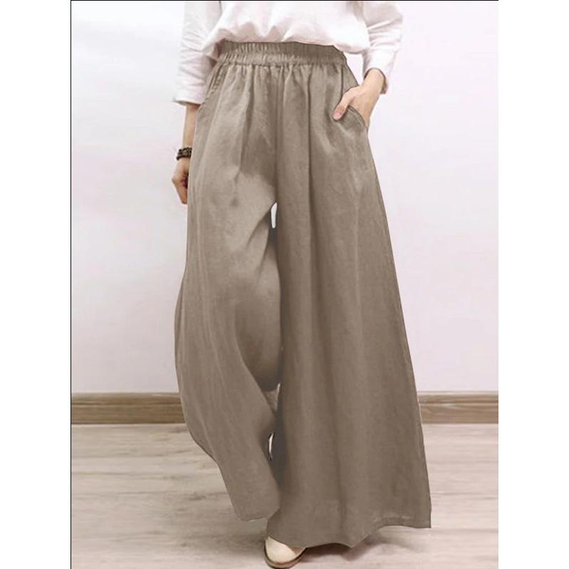 Womens Cotton Wide Leg Pants Casual Loose Fit Trousers l Waist Polyester Blend Summer Faion Mid-aged Women S хаки