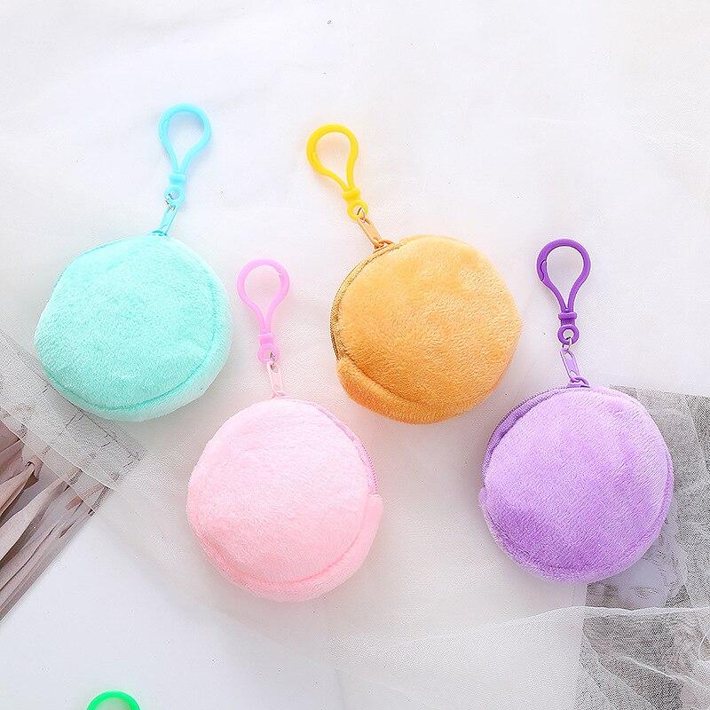 Solid Color Round Zipper Plush Coin Bags Small Money Coin Pouch Wallet Portable Keyring Keychain Earphone Storage Bags Organizer