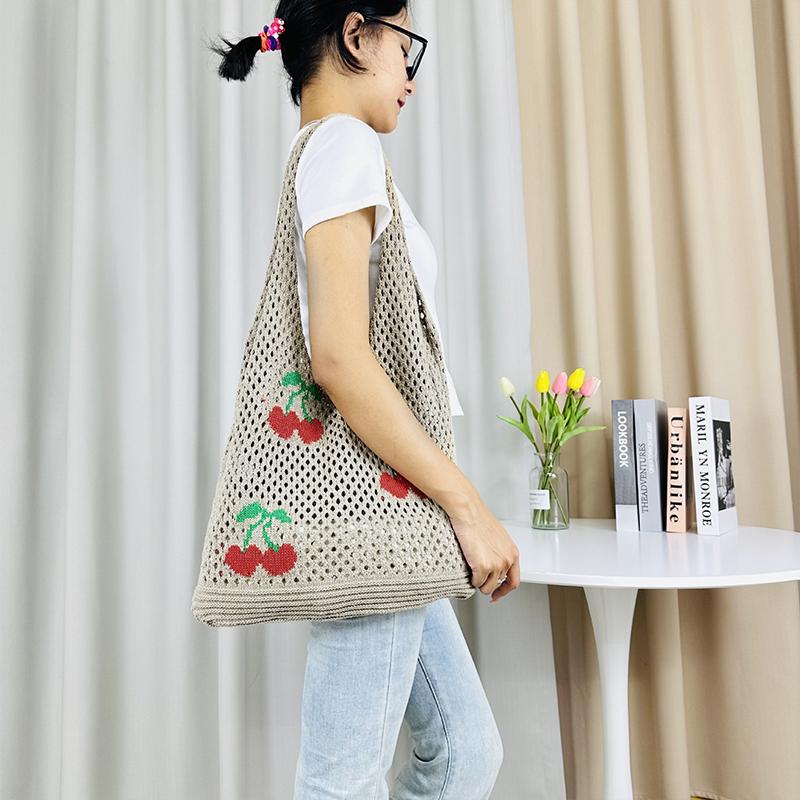 New I-Knitted Bag Knitted Bag Large Capacity Tote Bag Cherry Shoulder Bag