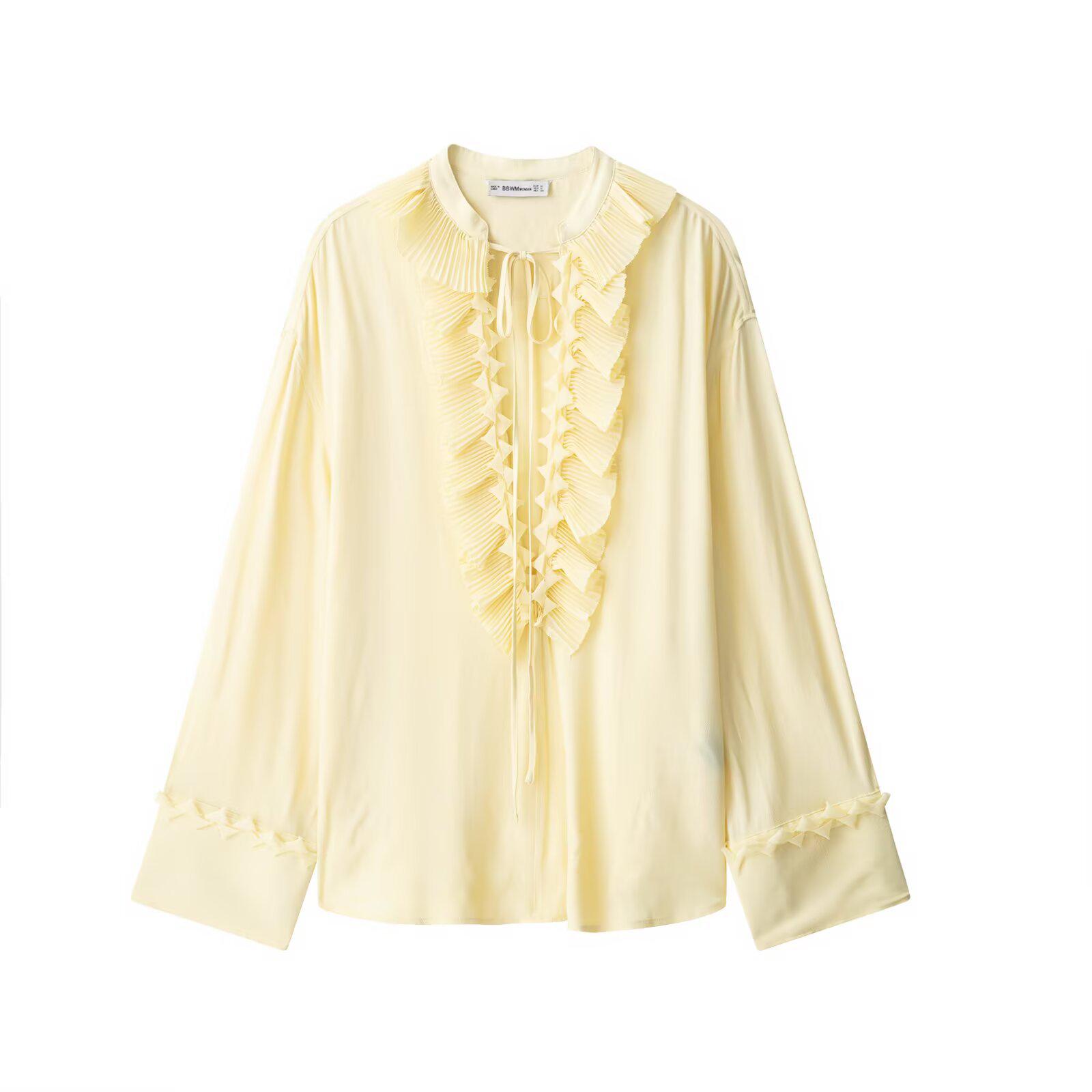 

European & American Women s Spring 2025 Elegant Light Yellow Deep V-Neck Pleated Lace Shirt Small светло-желтого