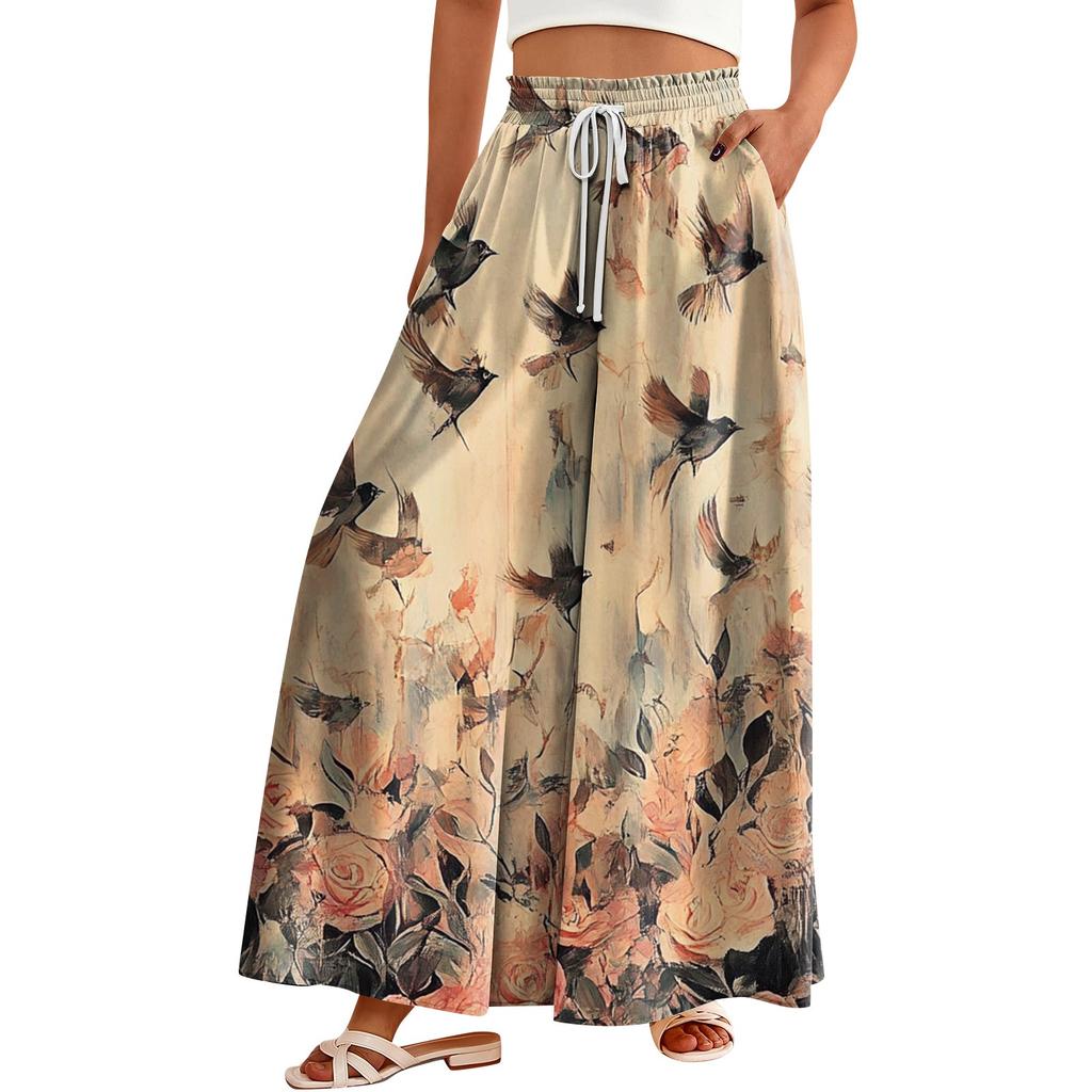 Women's High Waist Wide Leg Pants with Pockets Floral Print Casual Long Trousers Elastic Waistband Drawstring Closure