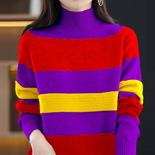 

Осень-зима женские новые модные прямые широкие полосатые длинные рукава топы повседневные полувысокие воротнички теплые свитера для женщин M фиолетовый
