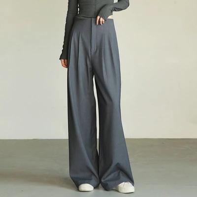 Calças de primavera e outono, calças de cintura alta, pernas largas, efeito drapeado, calças compridas justas, calças de terno femininas