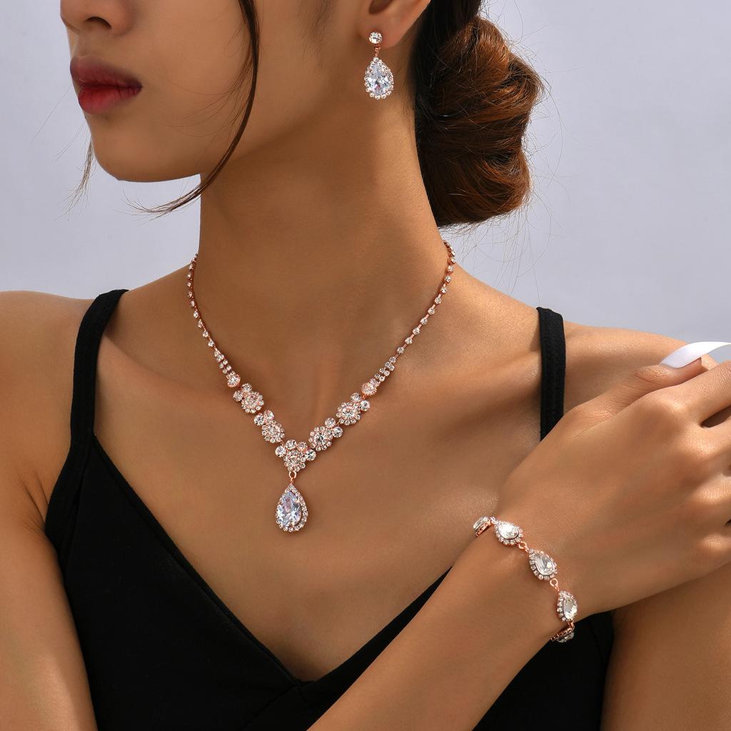 Nuova moda oro oro rosa set di gioielli da sposa zircone tre pezzi collana orecchini bracciale