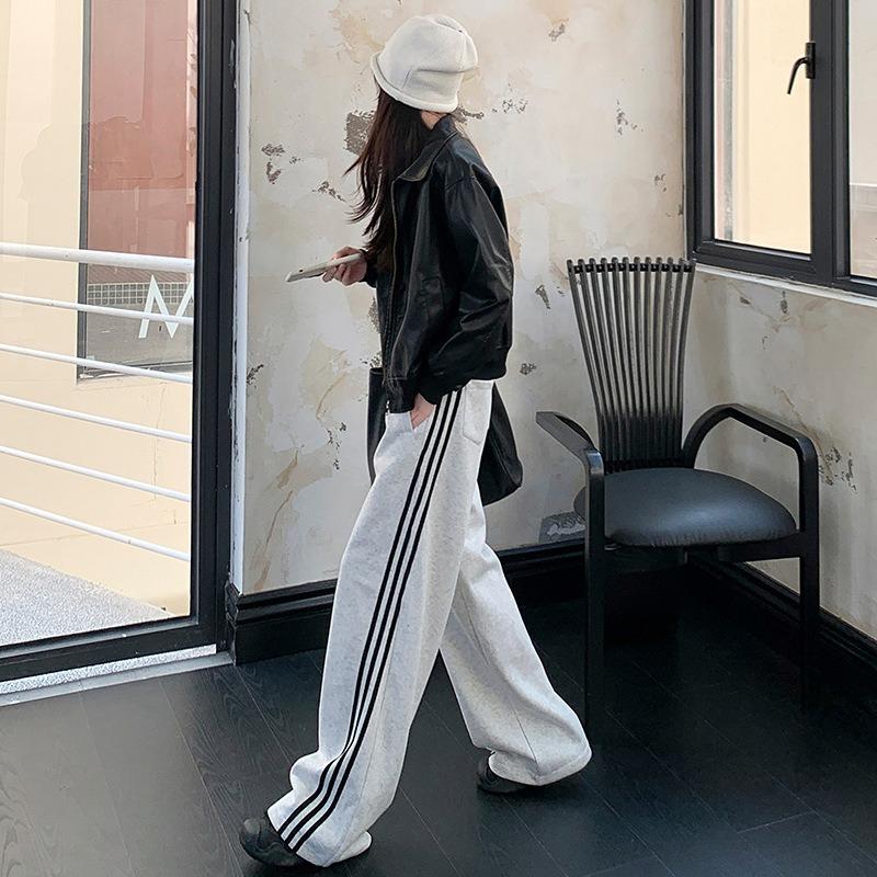 Sweatpants women's high street trendy brand new autumn three-bar loose straight wide-leg pants casual trousers