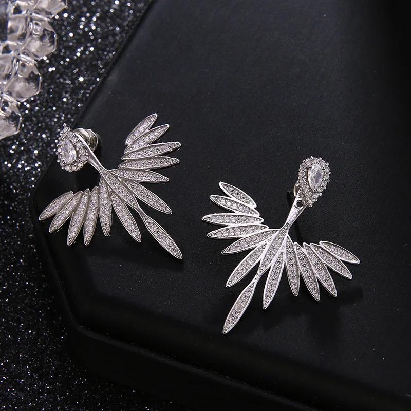 Fashion Luxury Feather Crystal Wing Symmetrical Stud Earrings Exquisite Silver Color Party Jewelry Accessories for Women
