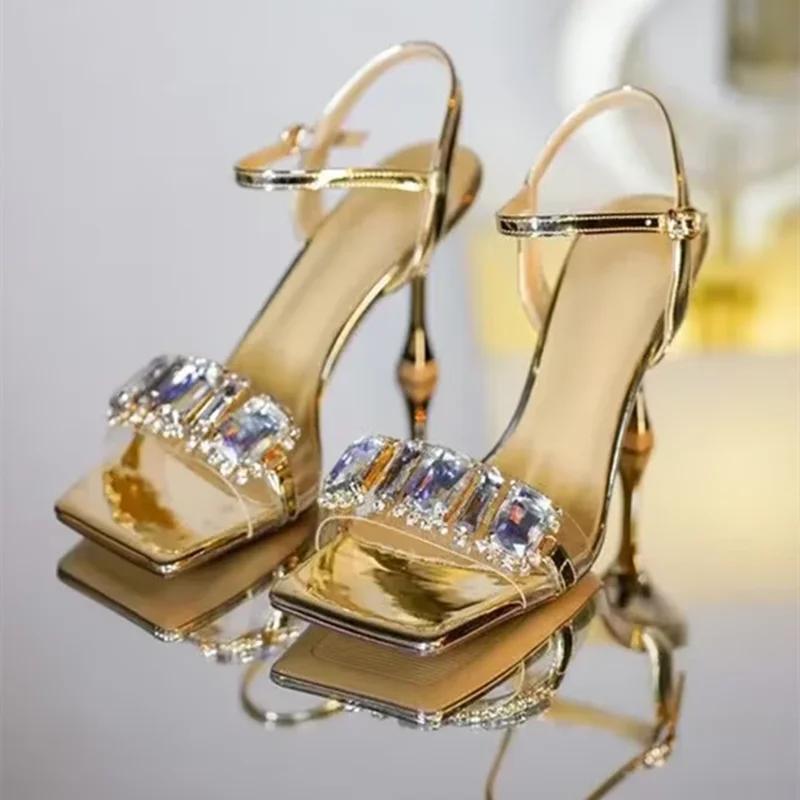 Fashion Gold Silver High Heels Sandals Women 2025 Summer Square Toe Shiny Crystal Sandals Woman Ankle Straps Thin Heel Party Pumps Shoes