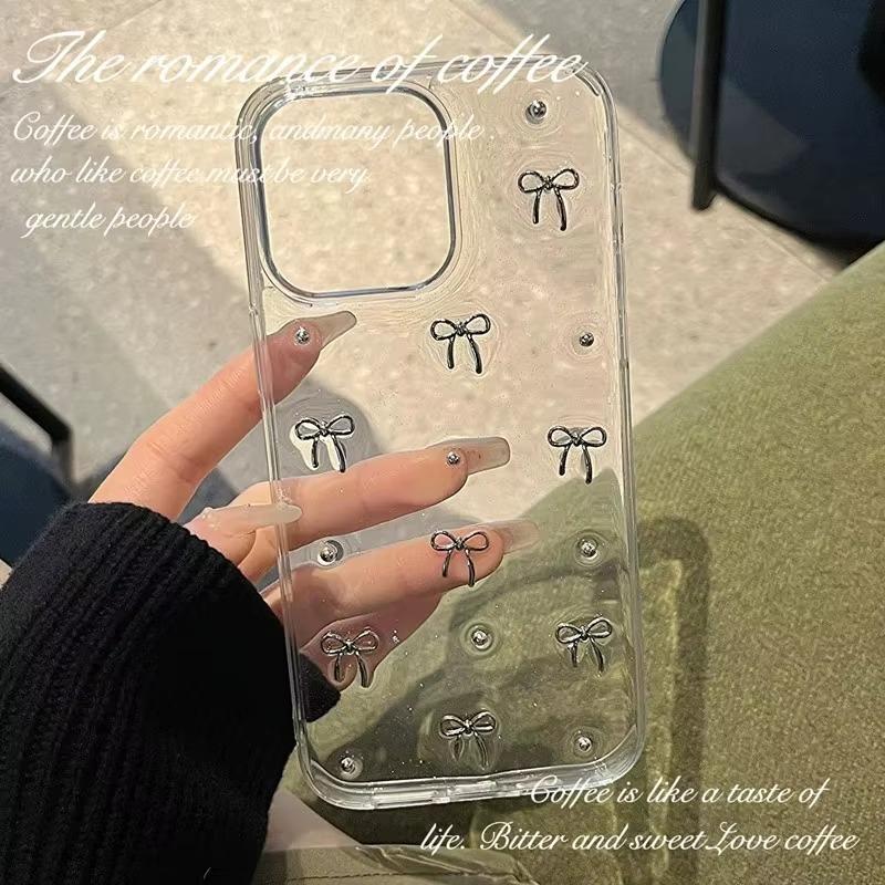 INS Japan Korea 3D Silver Bowknot Phone Case For iPhone 16 17 Pro Max 15 14 13 12 11 X XS 7 Plus Girl Epoxy Clear Glitter Cover