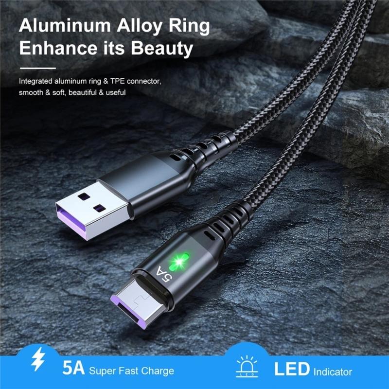 5A Micro USB Cable Fast Charging Phone USB Wire Cord Green LED Lighting USB Charger Data Cable 0.3/1/2/3M