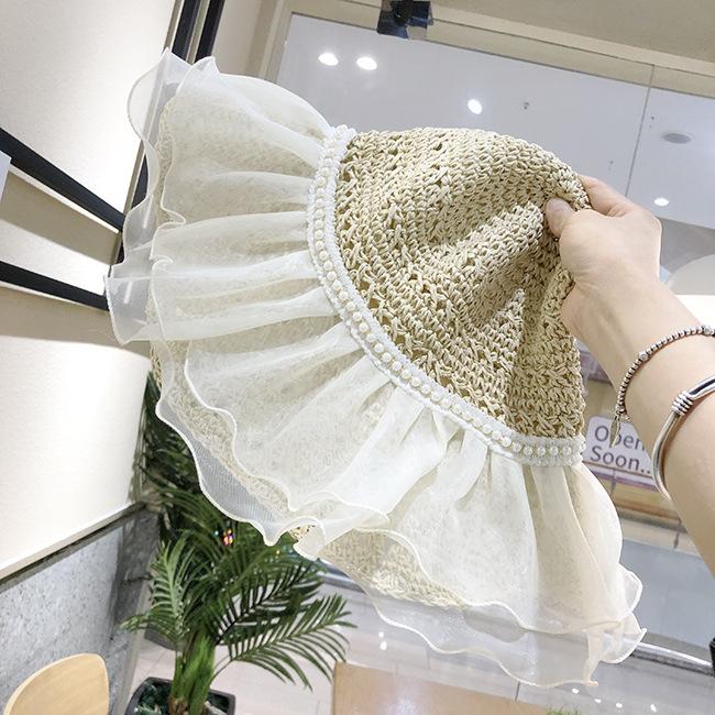 Women's Summer French Style Lace Pearl Trim Straw Woven Hat Wide Brim Japanese Style Beach Sunshade Foldable Sun Protection Hat