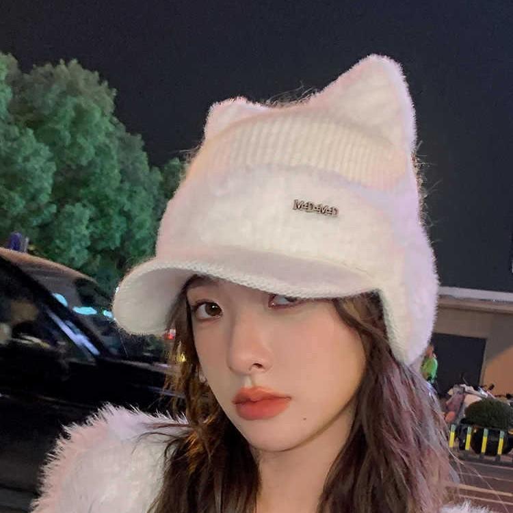 Versatile Hat for Women with Big Head Circumference To Show The Face Kitten Ear Wool Hat Plus Velvet Ear Protection Warm Knit Hat