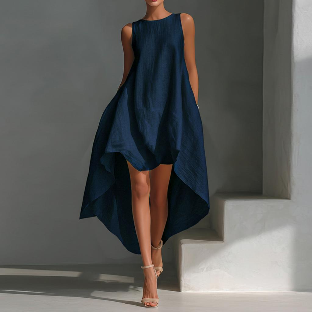 Women's Color Cotton Linen Irregular Sleeveless Dress With Short Front And Long Back