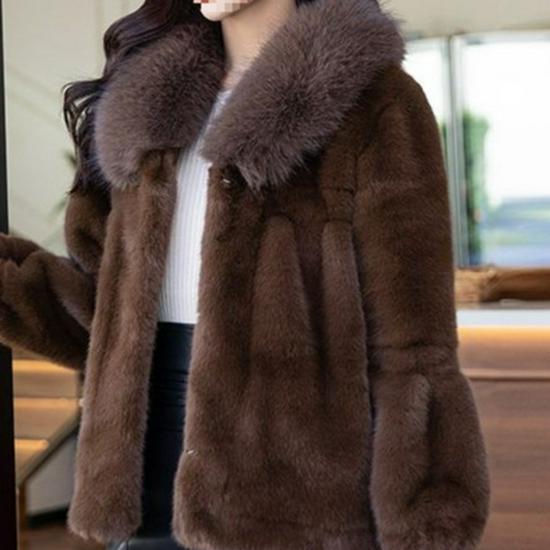 Women's Fashion Faux Mink Fur Coat with Large Collar and Velvet Detailing
